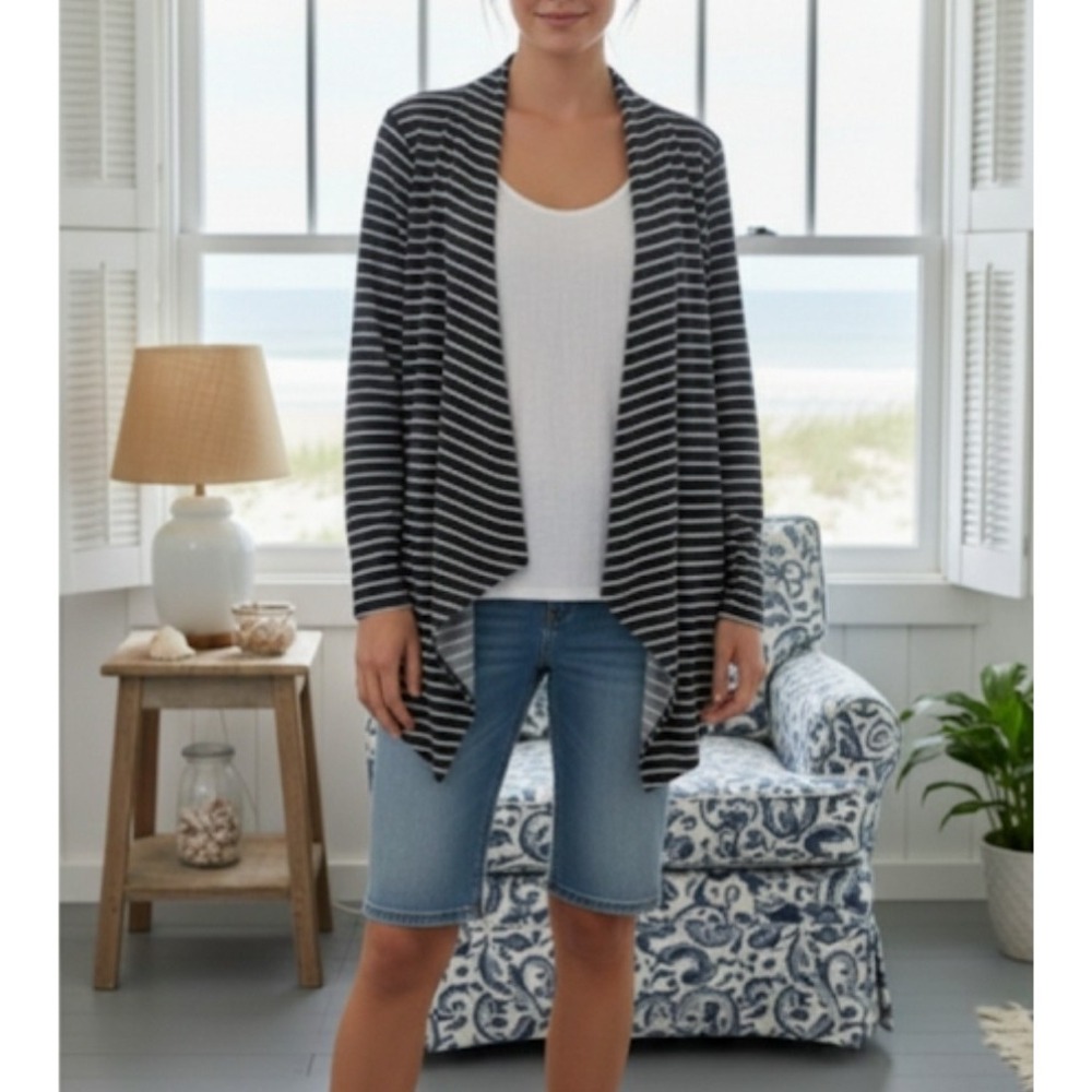 Cardigan Womens L Open Drape Striped French Terry 100% Cotton Blue Vintage Suzie